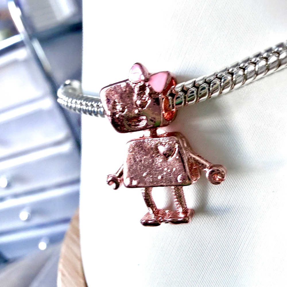 Pandora-like Bead Charm Fits Snake Chain Bracelet Rose Gold Robot Girl Pink Bow